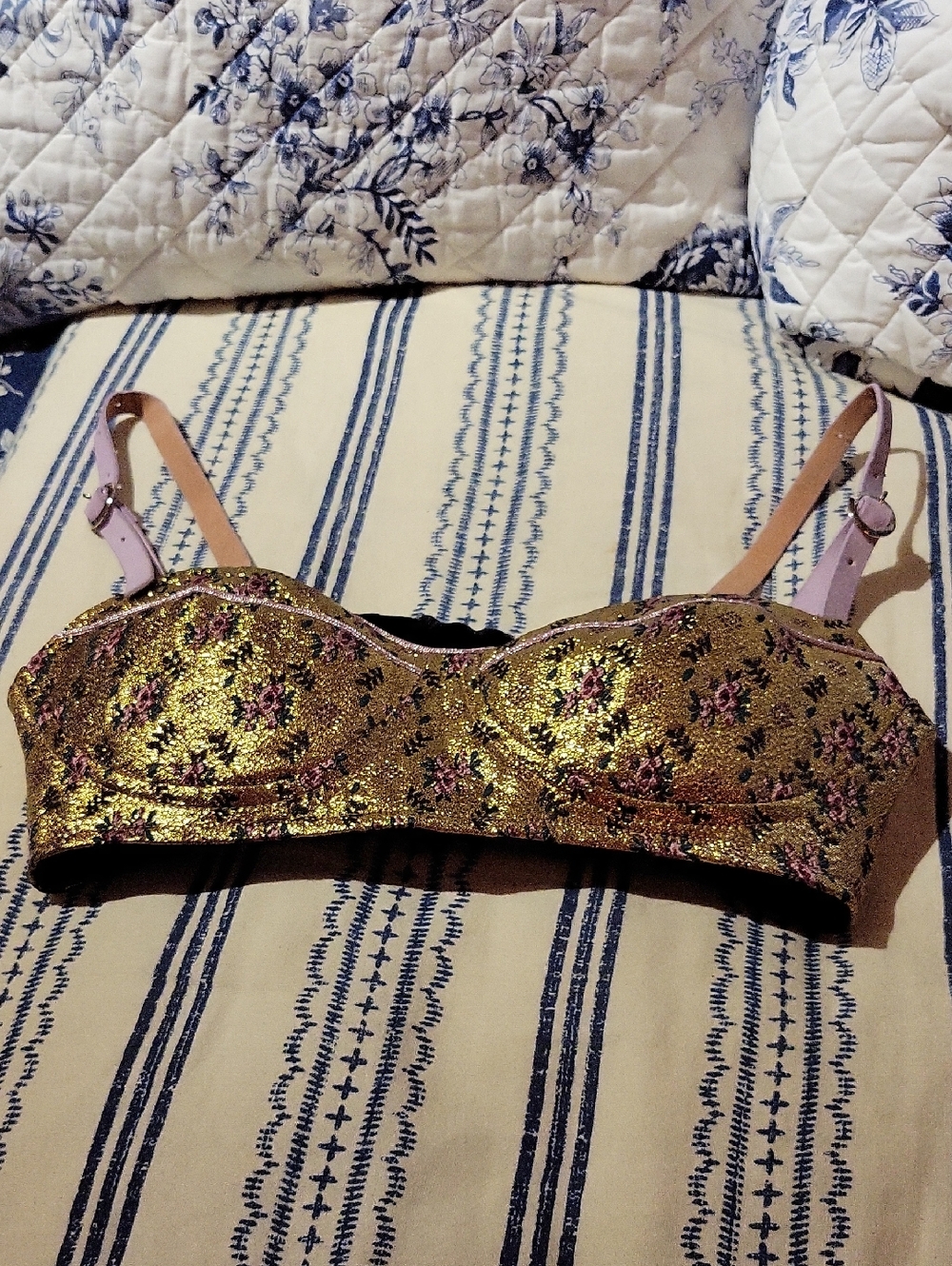 Gold Brocade And Black Velvet Bra Top W Adjustable Buckle Strap